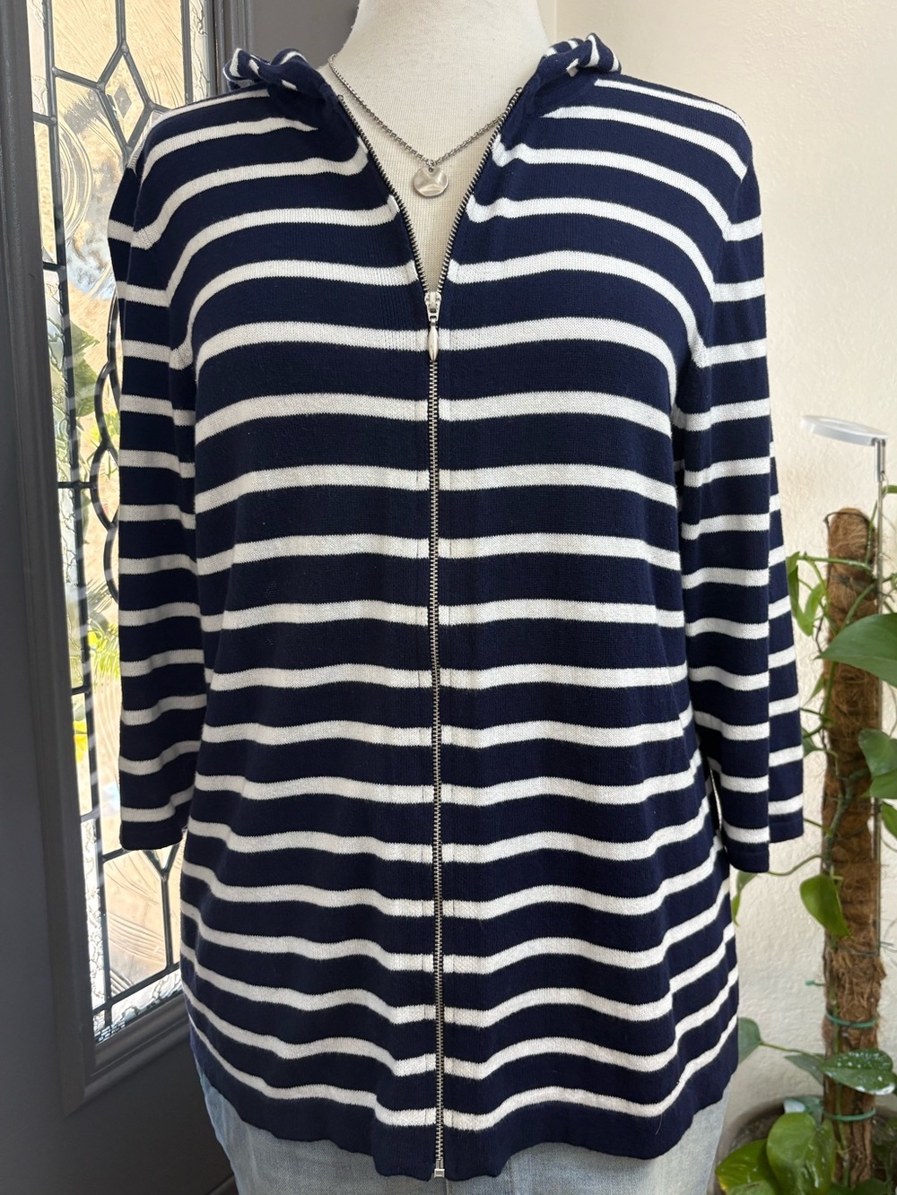 Chico's Navy and White Striped Lightweight Zip Hoodie Cardigan - Picture 2 of 8